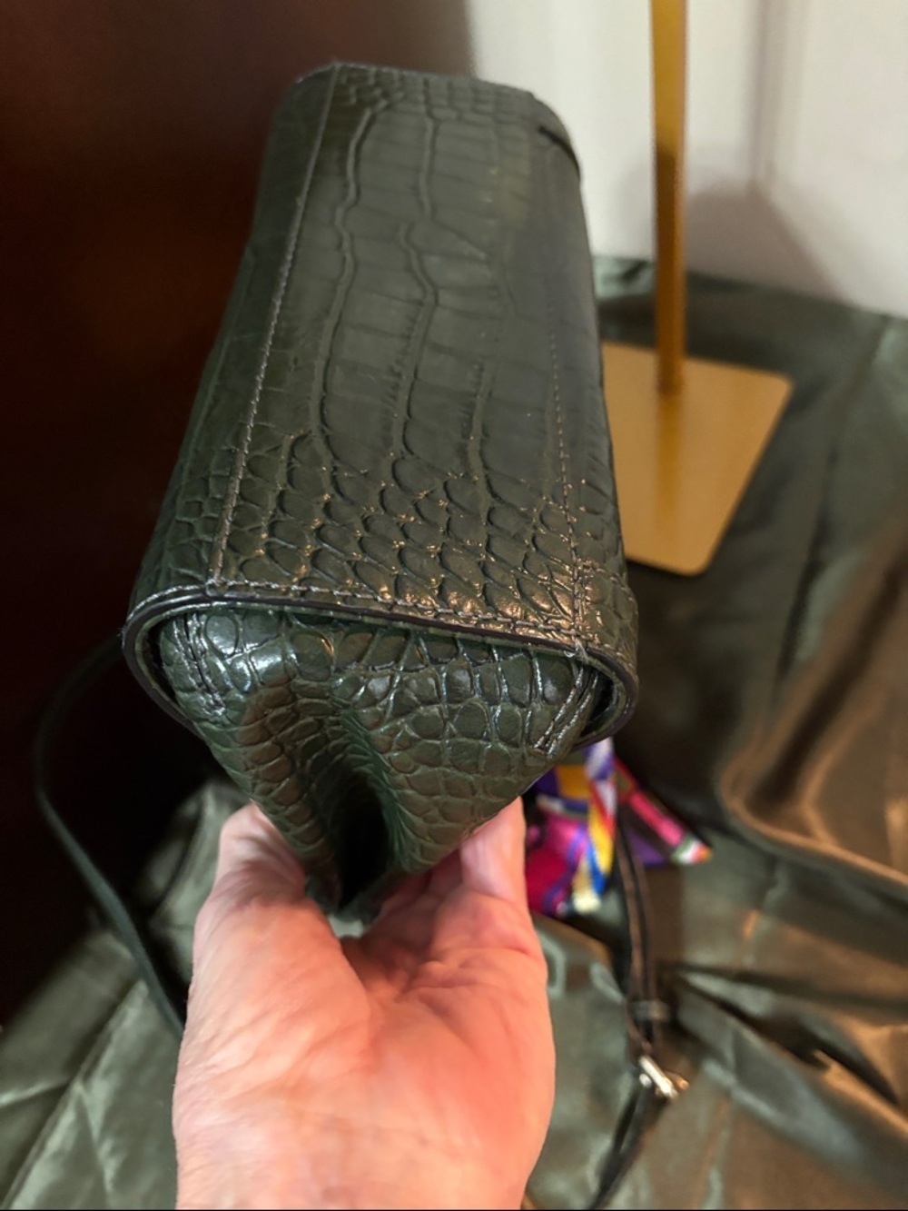 kate spade New York dark green croc-embossed leather satchel with colorful bow - Picture 7 of 10